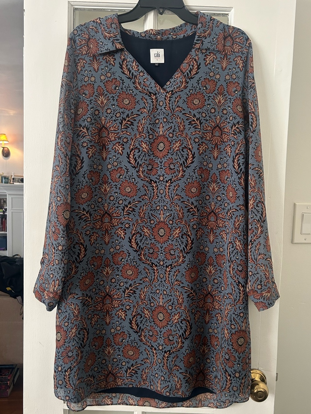Cabi Blue and Pumpkin Spice Patterned Fall Dress Size Large